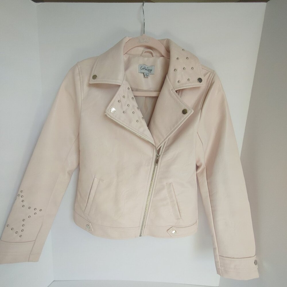 Coffe Shop Kid's Light Pink Faux Leather Silver Stud Moto Biker Jacket - XL Kids